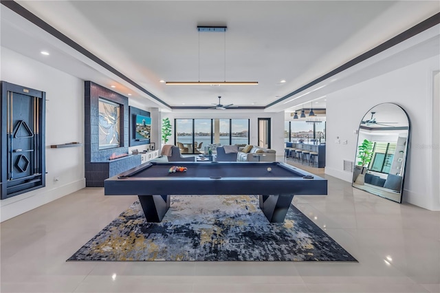 recreation room with pool table and ceiling fan