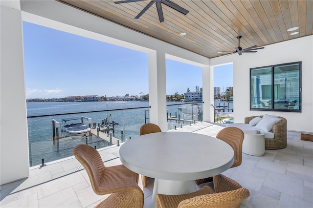 view of patio featuring a water view and ceiling fan