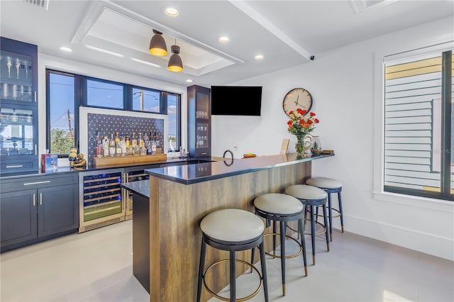 bar featuring a tray ceiling and beverage cooler