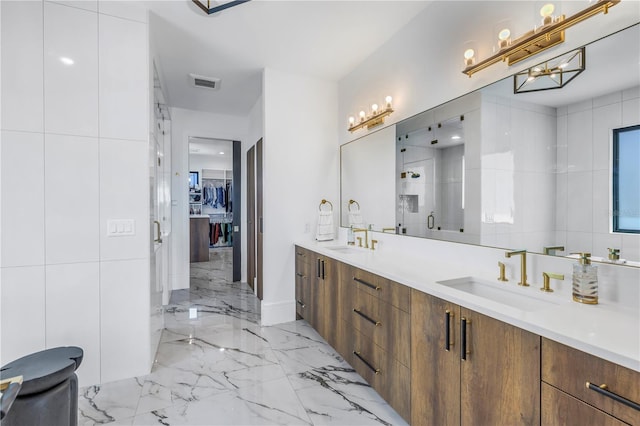 bathroom featuring vanity and walk in shower