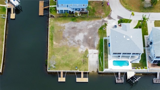 drone / aerial view featuring a water view