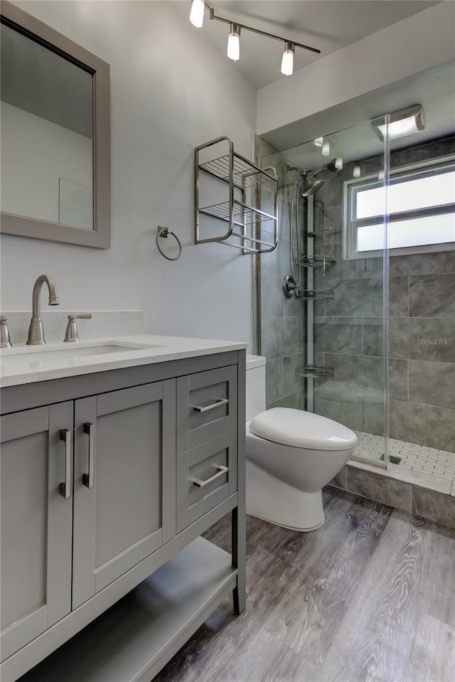 full bathroom featuring wood finished floors, a stall shower, vanity, and toilet