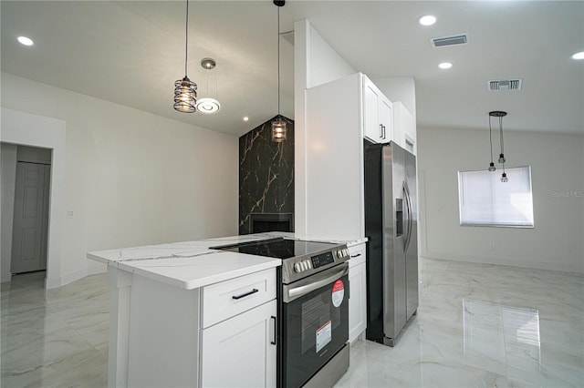 kitchen with white cabinetry, appliances with stainless steel finishes, and pendant lighting