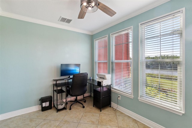 home office featuring crown molding, light tile patterned flooring, and ceiling fan