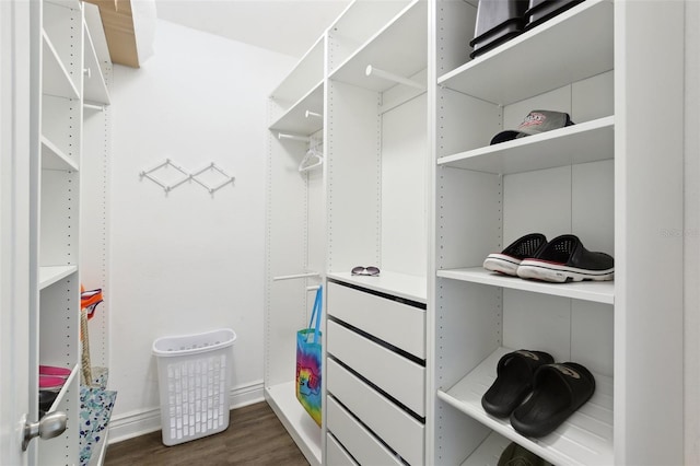 walk in closet with dark hardwood / wood-style flooring