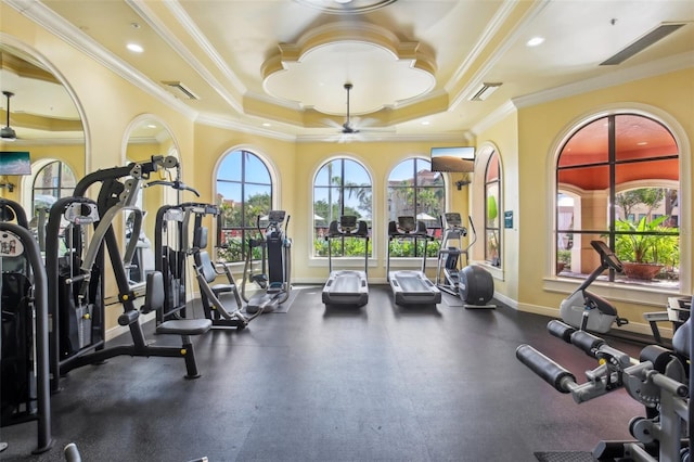 exercise room with a raised ceiling and crown molding