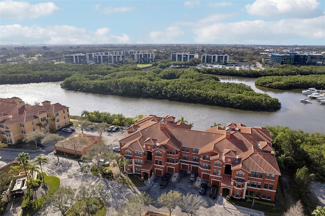 drone / aerial view featuring a water view