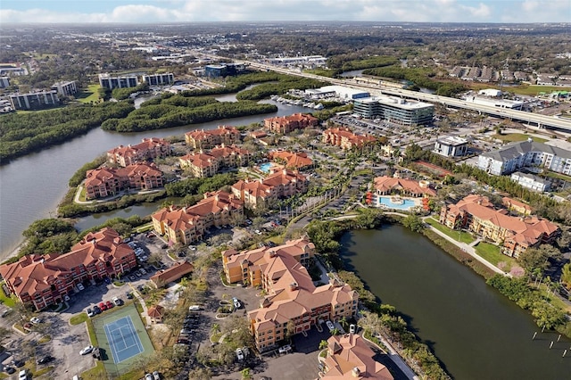 birds eye view of property featuring a water view