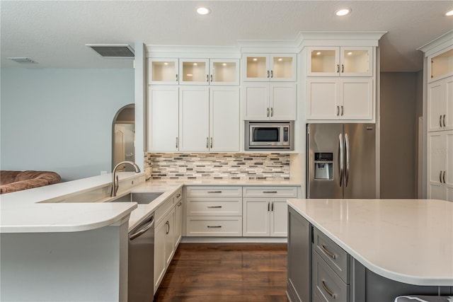 10537 Greensprings Dr, Tampa, FL 33626 - kitchen with appliances with stainless steel finishes, a sink, dark wood finished floors, glass insert cabinets, and tasteful backsplash