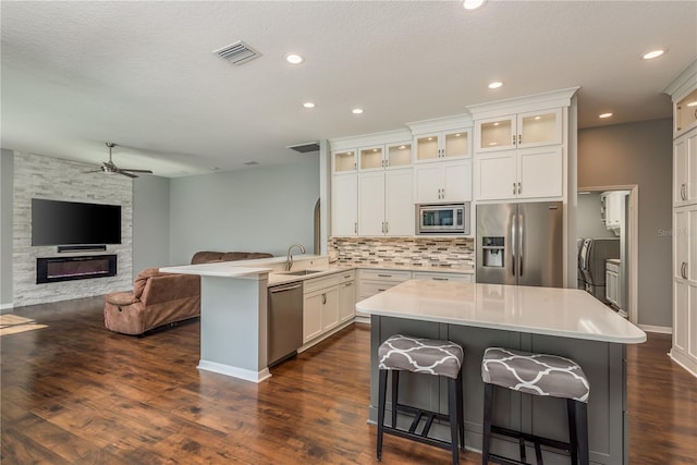 10537 Greensprings Dr, Tampa, FL 33626 - kitchen with stainless steel appliances, a ceiling fan, a sink, a peninsula, and a breakfast bar area