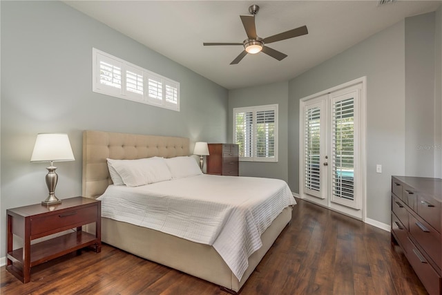 10537 Greensprings Dr, Tampa, FL 33626 - bedroom featuring access to outside, dark wood-style flooring, baseboards, and a ceiling fan