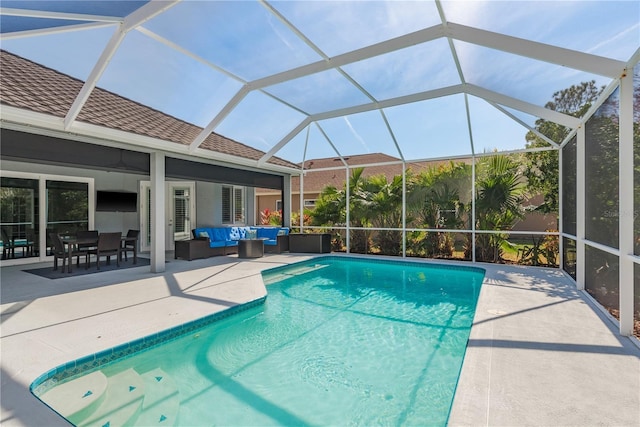10537 Greensprings Dr, Tampa, FL 33626 - outdoor pool featuring outdoor lounge area, a patio, and glass enclosure