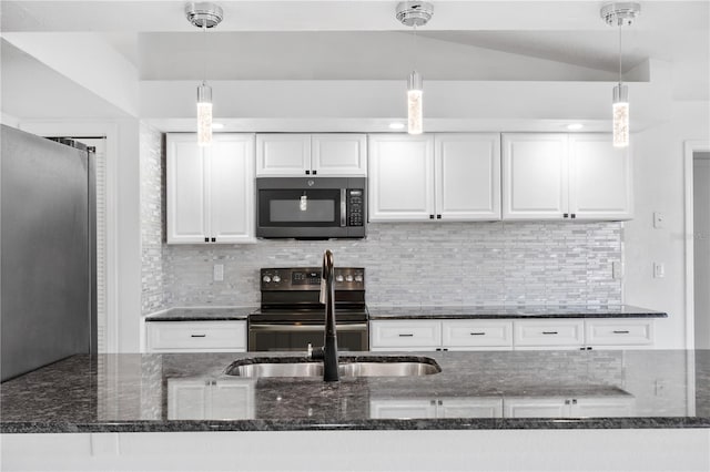 kitchen featuring white cabinetry, black electric range oven, and pendant lighting