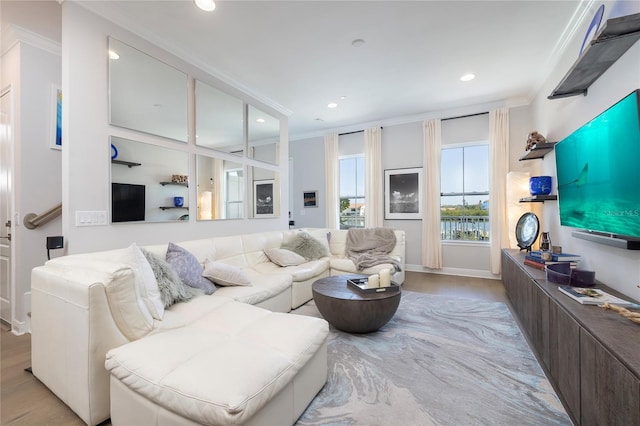 living area featuring ornamental molding, recessed lighting, and light wood finished floors