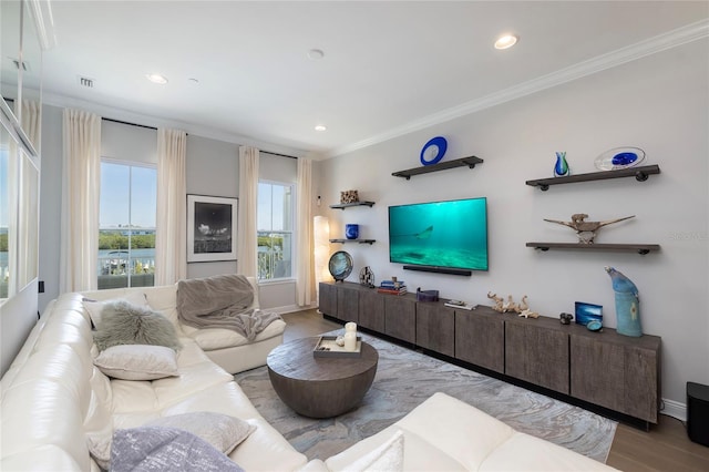 living room featuring light hardwood / wood-style floors and ornamental molding