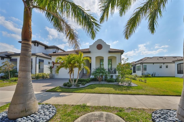 mediterranean / spanish-style home featuring a porch, a garage, and a front lawn