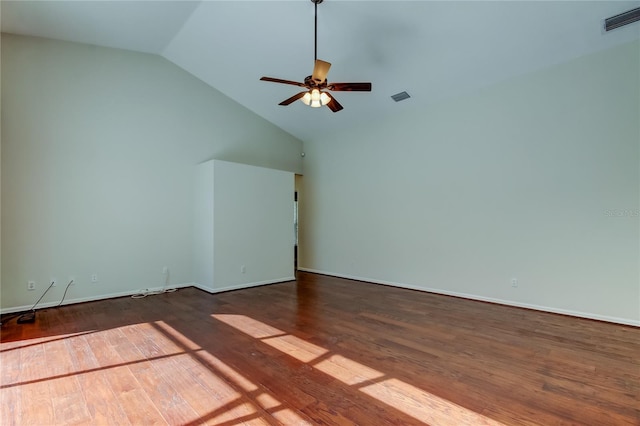 additional living space with hardwood / wood-style flooring, high vaulted ceiling, and ceiling fan