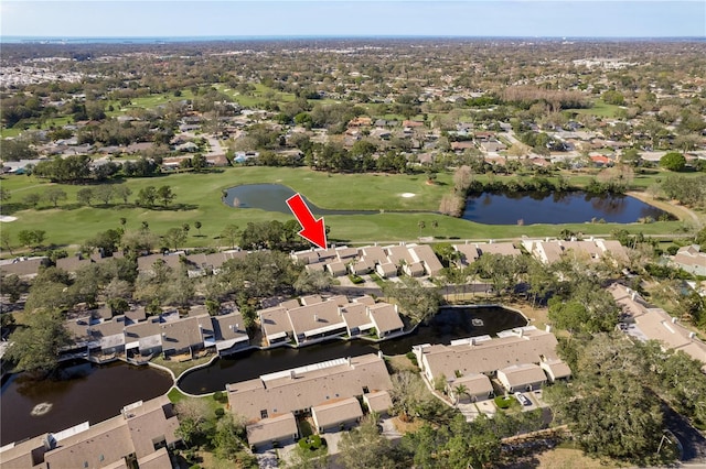 aerial view with a water view, view of golf course, and a residential view