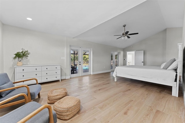 bedroom featuring french doors, vaulted ceiling, access to outside, and light hardwood / wood-style floors