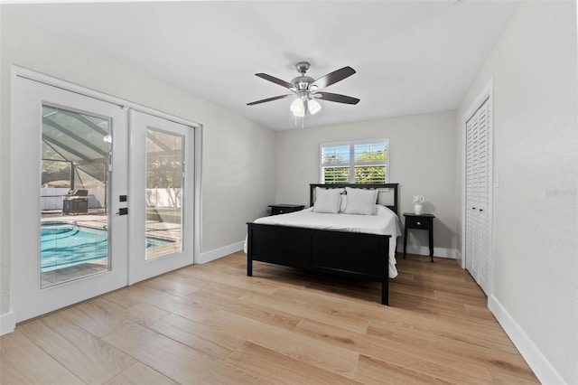 bedroom featuring light wood-type flooring, french doors, ceiling fan, and access to exterior