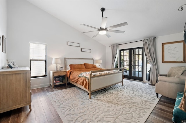 bedroom with multiple windows, dark hardwood / wood-style flooring, access to outside, and french doors