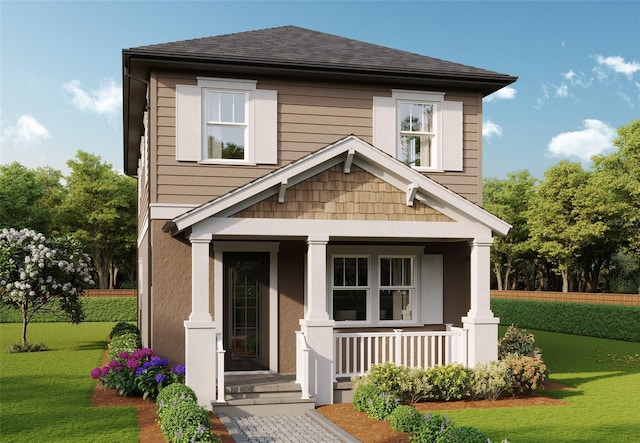 view of front of property with a porch, a front yard, and roof with shingles