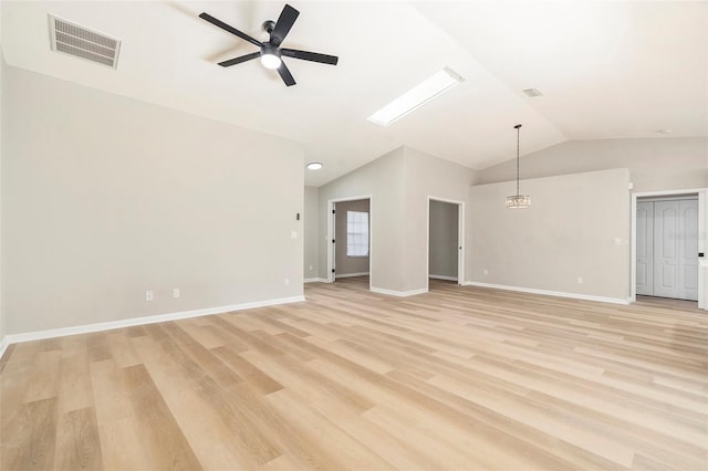 unfurnished living room with light hardwood / wood-style floors, lofted ceiling, and ceiling fan