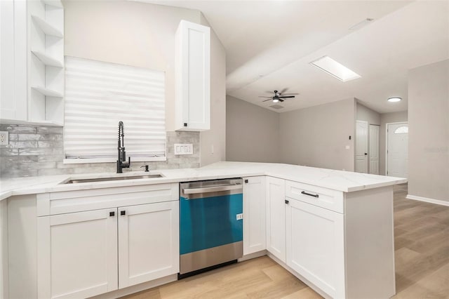 kitchen with kitchen peninsula, light stone countertops, sink, stainless steel dishwasher, and white cabinets