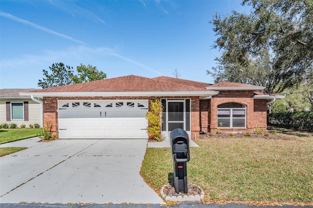 ranch-style home featuring a garage, brick siding, concrete driveway, roof with shingles, and a front lawn