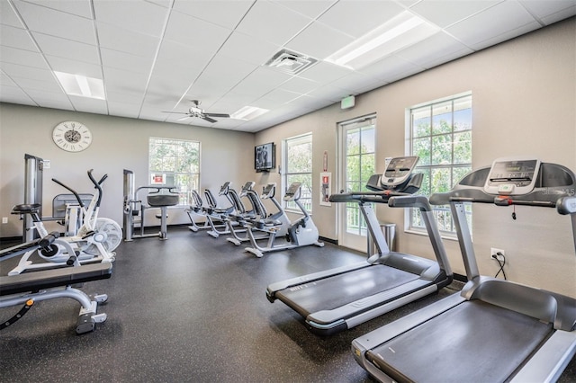 exercise room with baseboards, visible vents, ceiling fan, and a drop ceiling