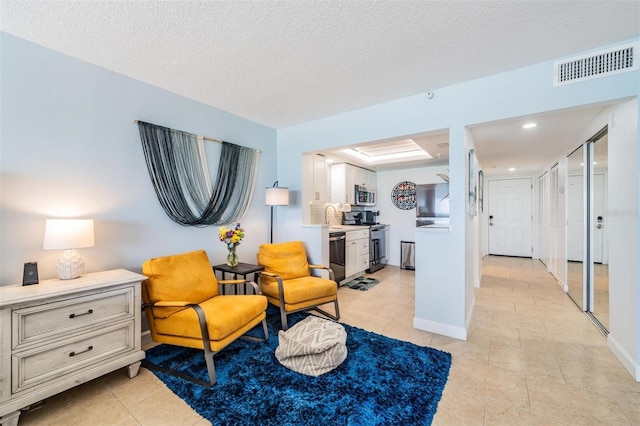 sitting room with sink and a textured ceiling