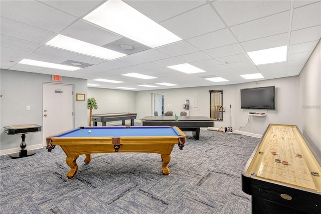 playroom with pool table, carpet, a paneled ceiling, and baseboards