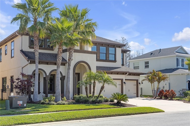 view of front of property with a garage, driveway, a shingled roof, and stucco siding