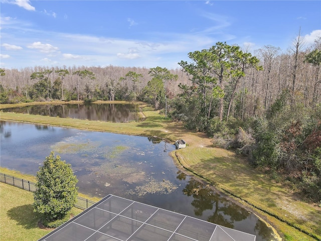 property view of water with a wooded view