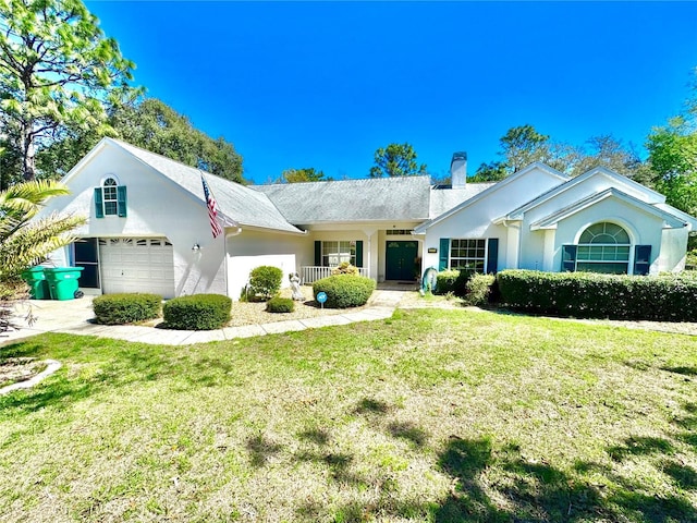 4797 N Lena Dr, Beverly Hills, FL 34465 - ranch-style home with a porch, a chimney, a front lawn, and stucco siding