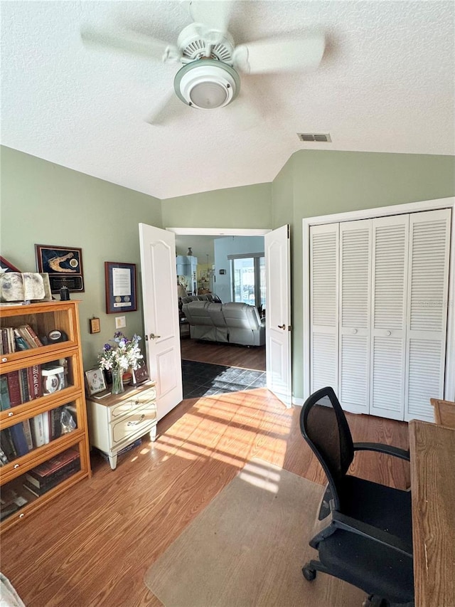 4797 N Lena Dr, Beverly Hills, FL 34465 - office featuring lofted ceiling, visible vents, a ceiling fan, and wood finished floors