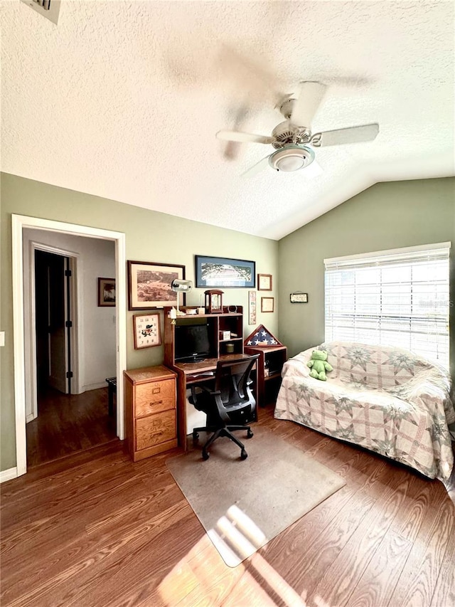4797 N Lena Dr, Beverly Hills, FL 34465 - home office with wood finished floors, a textured ceiling, lofted ceiling, and ceiling fan