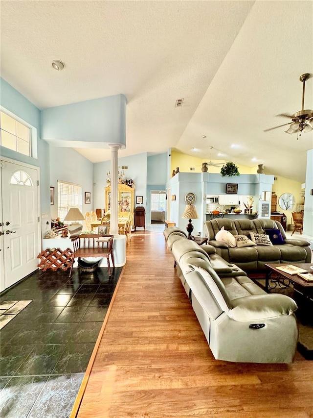 4797 N Lena Dr, Beverly Hills, FL 34465 - living room with plenty of natural light, vaulted ceiling, visible vents, and a ceiling fan