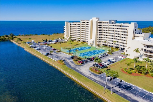 drone / aerial view with a water view