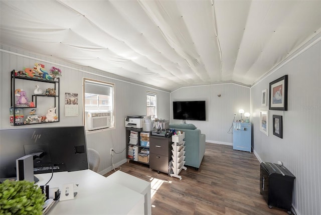 office featuring dark wood-style floors, lofted ceiling, cooling unit, and baseboards