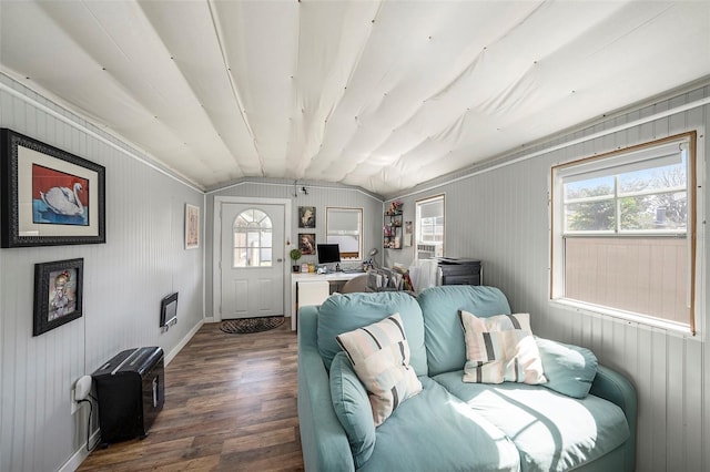 living area featuring dark wood-style floors and vaulted ceiling