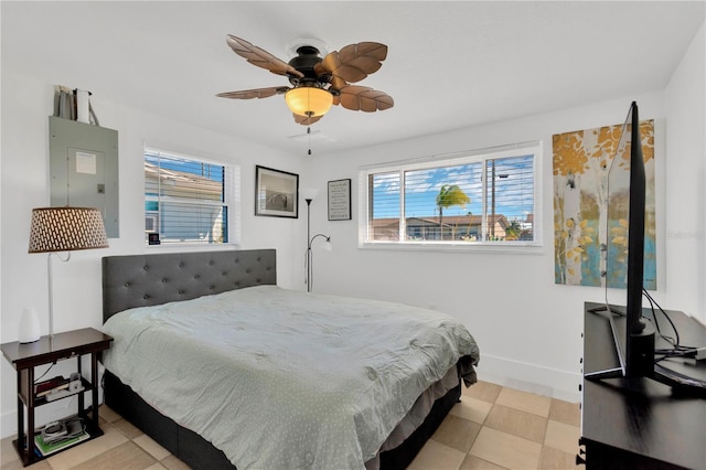 bedroom with electric panel, a ceiling fan, and baseboards