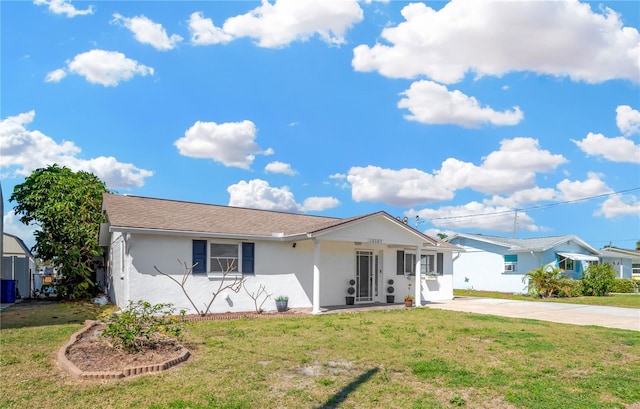 single story home featuring stucco siding and a front lawn