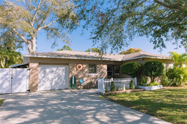 single story home with a front lawn, driveway, an attached garage, and fence