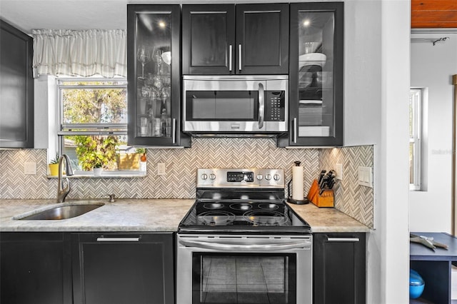 kitchen with glass insert cabinets, stainless steel appliances, dark cabinetry, and a sink