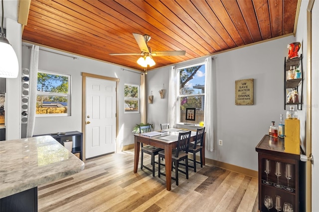 dining room featuring a wealth of natural light, baseboards, wooden ceiling, and light wood finished floors