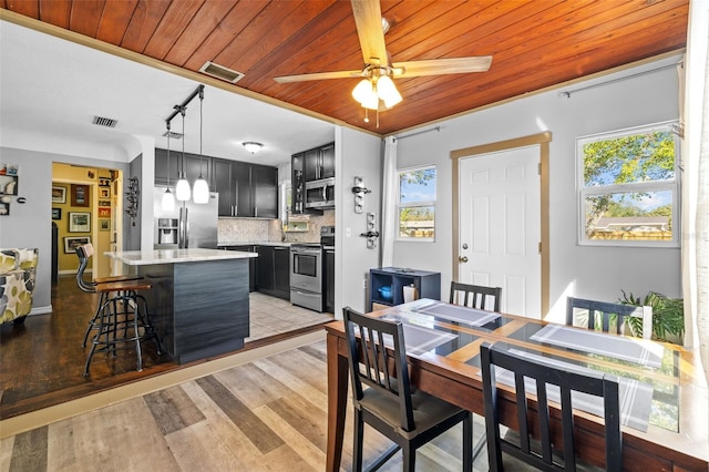 dining space featuring ceiling fan, visible vents, wood ceiling, and light wood-style flooring