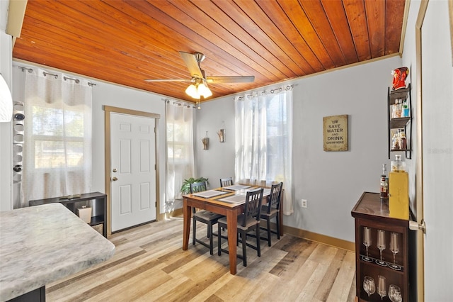 dining area with light wood-style flooring, a healthy amount of sunlight, and wooden ceiling