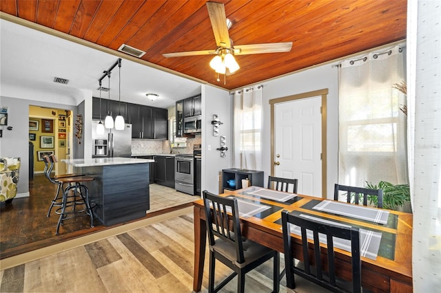 dining space with visible vents, light wood-style flooring, wood ceiling, and a ceiling fan