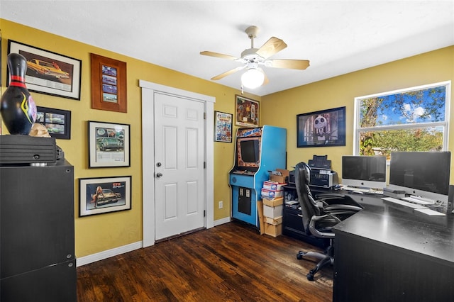 office area with ceiling fan, baseboards, and wood finished floors